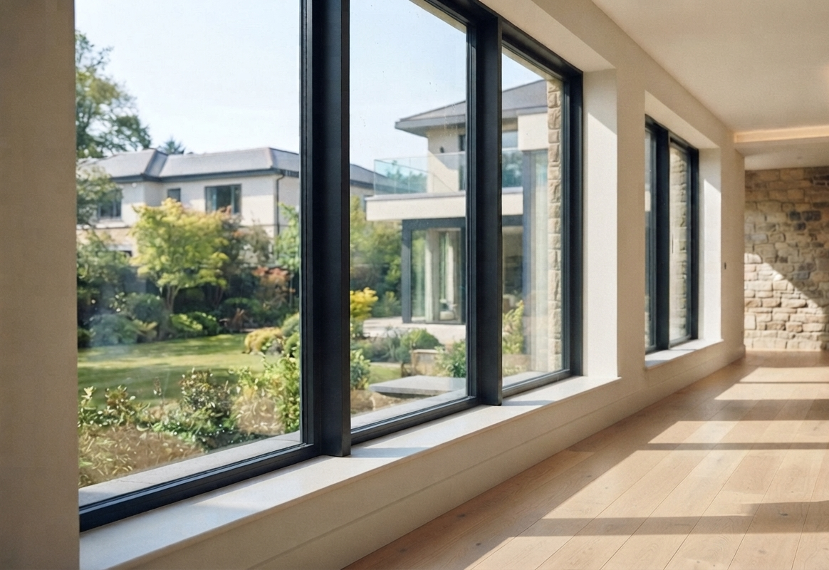 Große Fensterfront mit schwarzen Rahmen in einem modernen Wohnraum