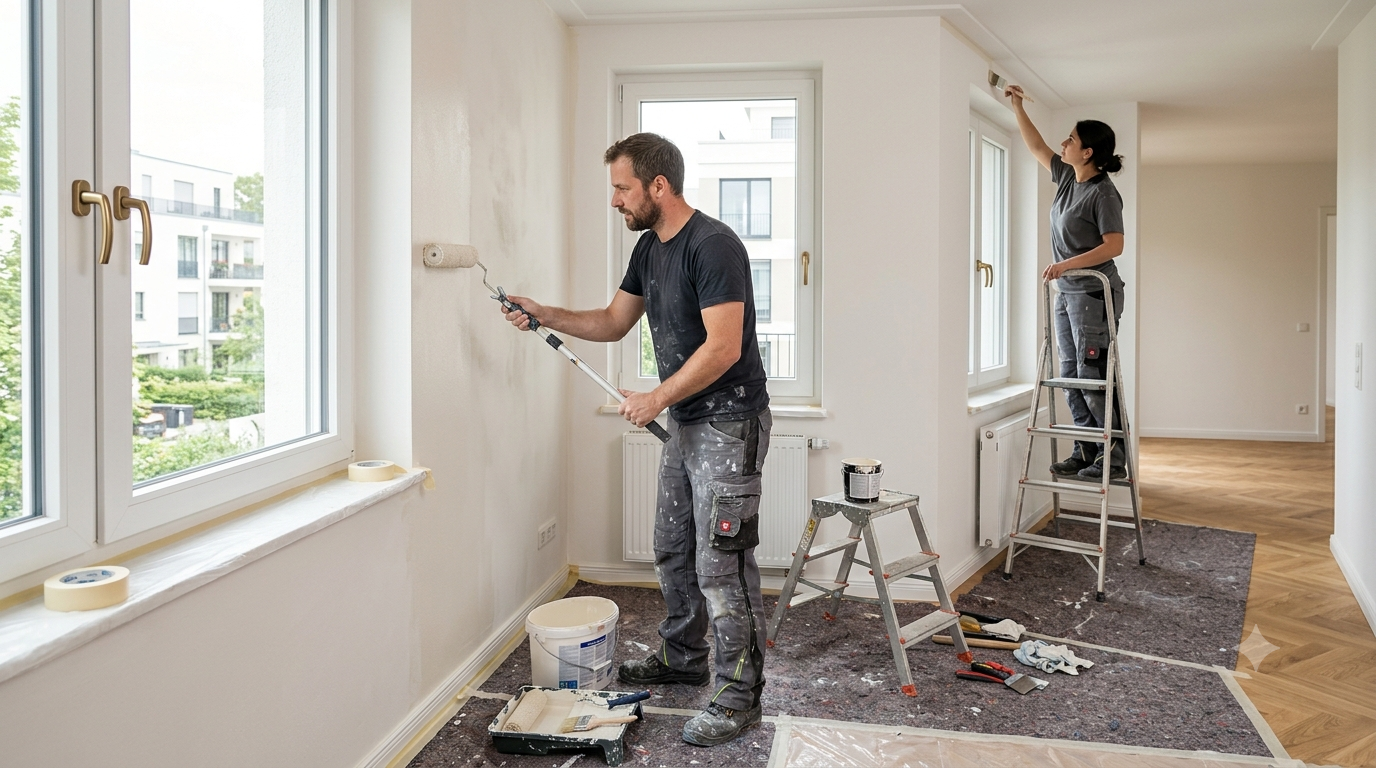 Maler streichen die Wände einer hellen Wohnung
