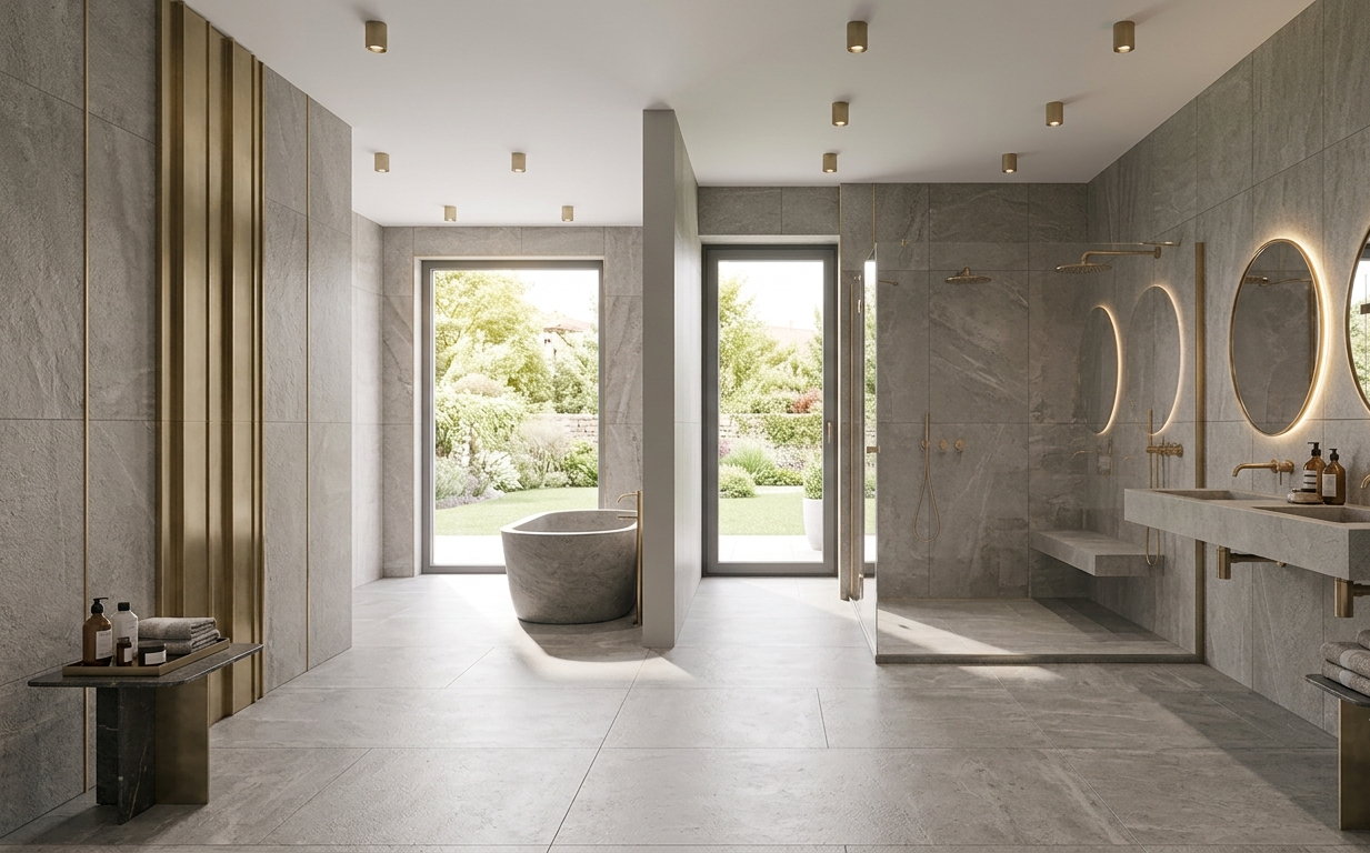Großzügiges Badezimmer mit Steinoptik-Fliesen, freistehender Wanne und Walk-in-Dusche