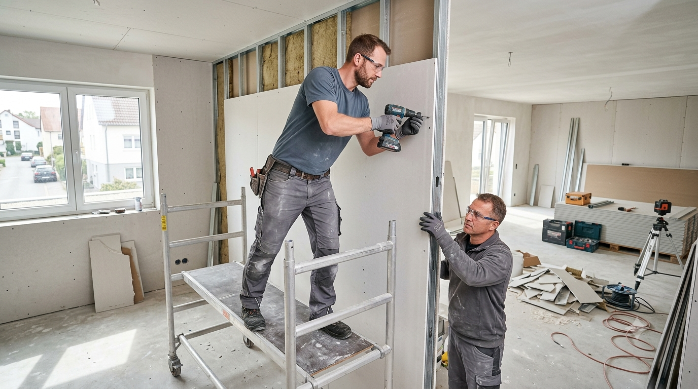 Zwei Handwerker montieren eine Trockenbauwand im Rohbau